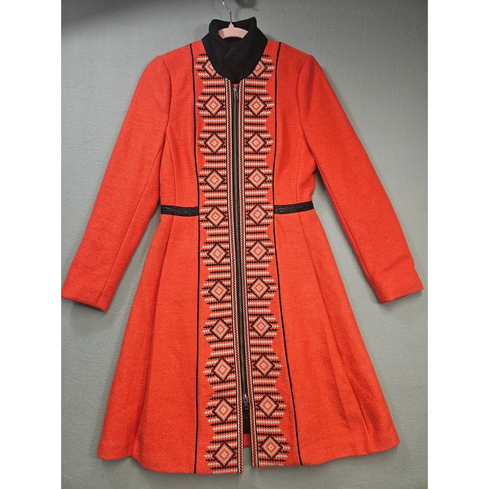 Plenty by Tracy Reese Orange Wool Blend Embroidered Fit & Flare Coat Size 4
